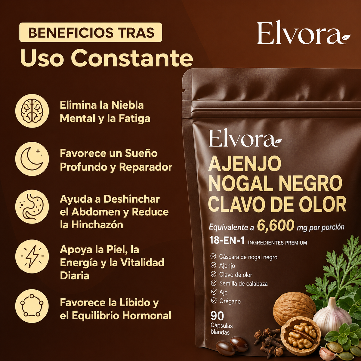 Elvora® | Elimina Parásitos Ocultos y Larvas con Ajenjo, Nogal Negro y Clavo de Olor